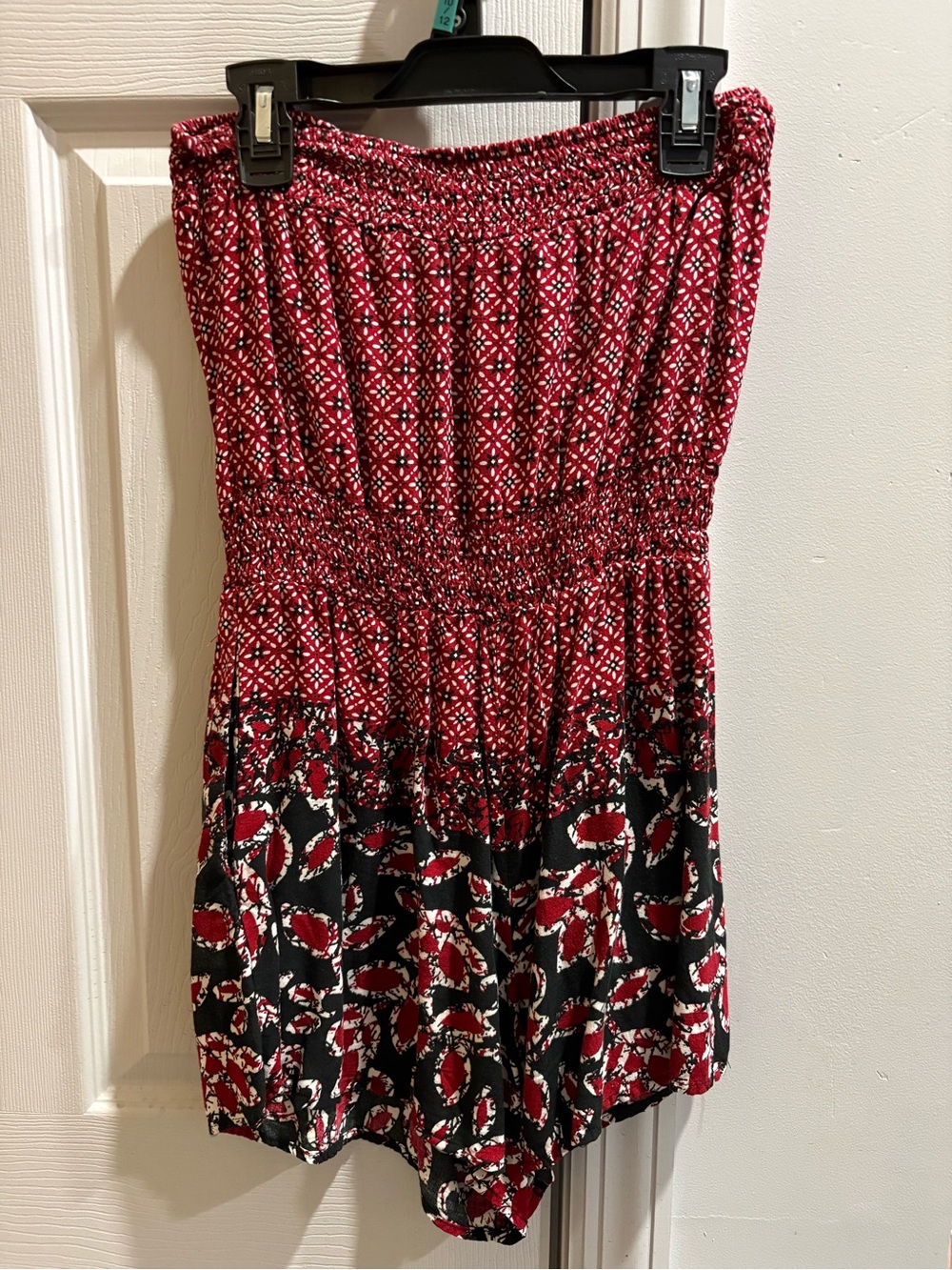 Red & Black Patterned Strapless Romper